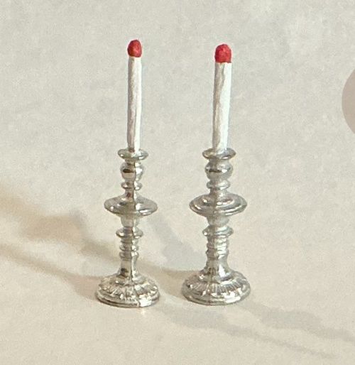 Pair of Silver Finish Fancy Candlesticks with Candles mc031152