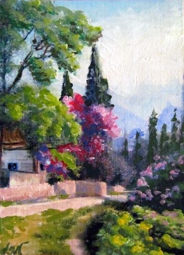 Original Painting Cityscape Urban Landscape Flowers House Trees aceo8764