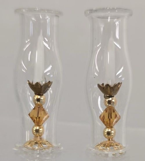 Pair of Gold and Amber Candlesticks with Hurricane Globes 220107n