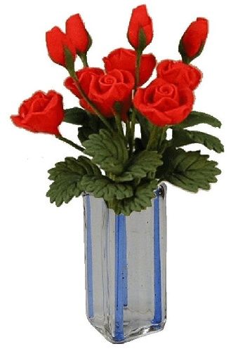 Red Roses in Blue Square Vase bdr151