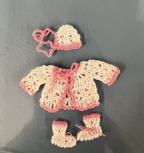 Pink/White Crochet Baby Jacket, Bonnet, and Booties mc58x