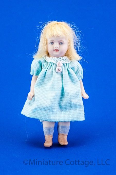 Porcelain Small Girl Doll in Cute Teal and White Checked Dress lw101024