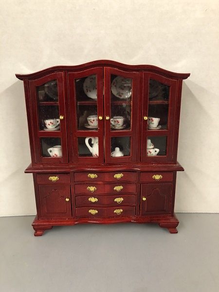 Red Mahogany Dining Room Hutch with Dishes mc02945