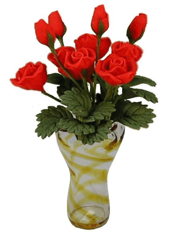 Red Roses in Amber Striped Ruffle Vase bdr041