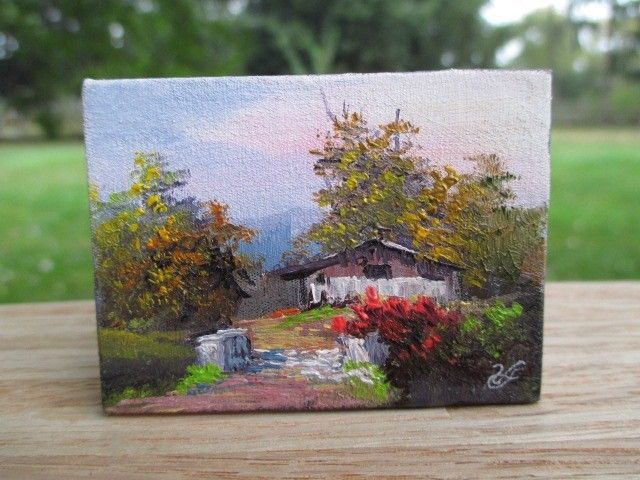 Signed Oil Painting of a House/Cabin w/ Mountains &amp; Trees aceo70