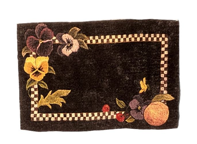 Small Black Rug With Pansies and Checkerboard Border cn945674