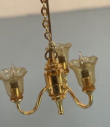 Three Arm Brass 1" High Chandelier with Amber Fluted Shades MC031495