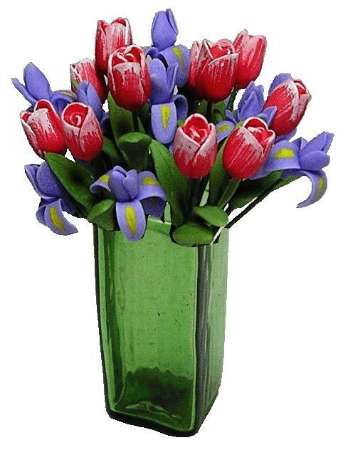 Tulips &amp; Irises in Square Green Glass Vase bdr128