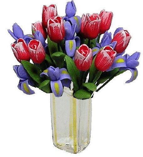 Tulips/Iris in Square Vase bdr058
