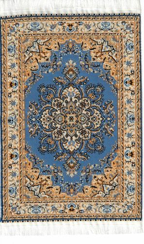 Turkish Blue Woven Rug with Gold Details and White Fringe 11124j