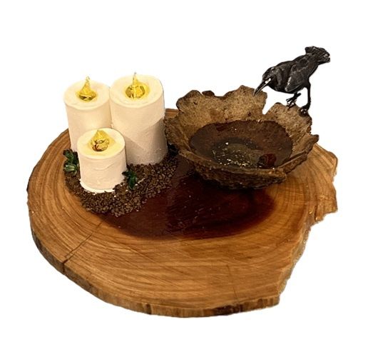 Three Candles, Water Bowl, and Crow on Cedar Table mc1344x