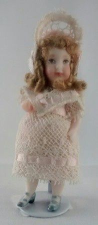 Tiny Antique Doll in Pink Lace Dress and Bonnet wh10107