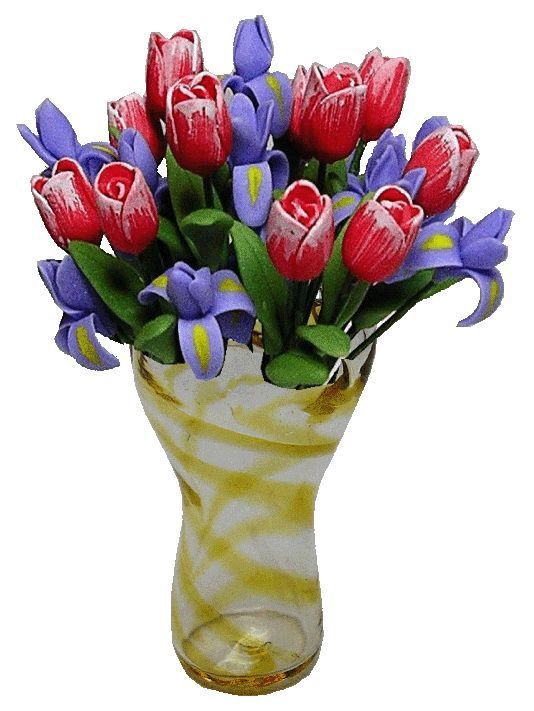 Tulips &amp; Irises in Amber Striped Ruffle Vase bd048