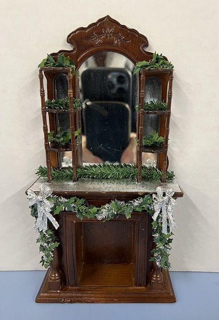 Victorian Fireplace with Mirrors, Shelves, Garland, Silver Bows mb1130