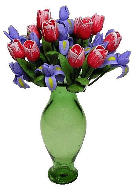 Tulips and Irises in Green Glass Vase bd108