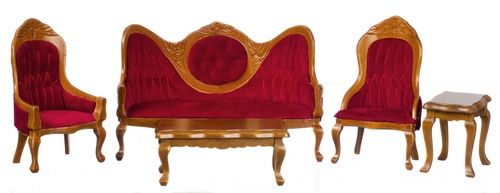 Victorian Living Room Set, Walnut/Red, 5pc AZT6273
