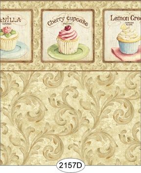 Wallpaper - Cupcake Scroll with Border - Light Brown WAL2157D