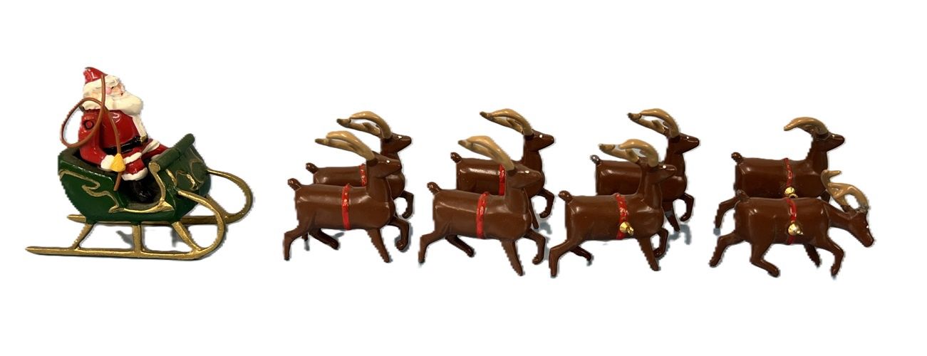 Vintage German Metal Santa and Sleigh and Reindeer Set mc305x