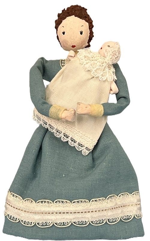 Vintage Handmade Wooden Bead Doll Holding Infant MC1757x