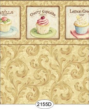 Wallpaper - Cupcake Scroll with Border - Dark Brown WAL2155D