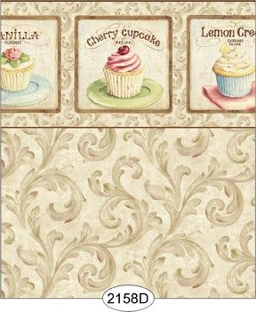 Wallpaper - Cupcake Scroll with Border - Cream WAL2158D