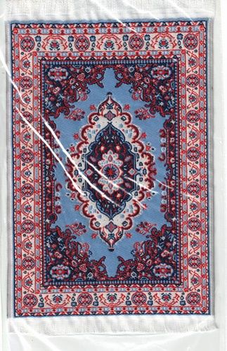 Woven Turkish rug with blues and red and white fringe 11124x