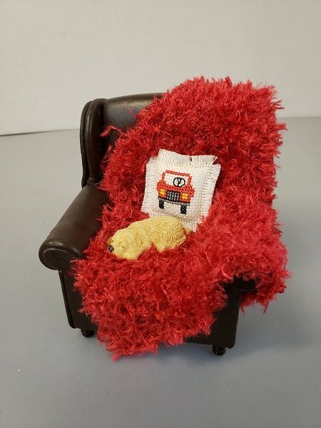 Worn Brown Chair with Dog and Throw 11369a