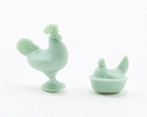 Rooster Figurine and Hen Dish w/Lid, Jadeite CB152J