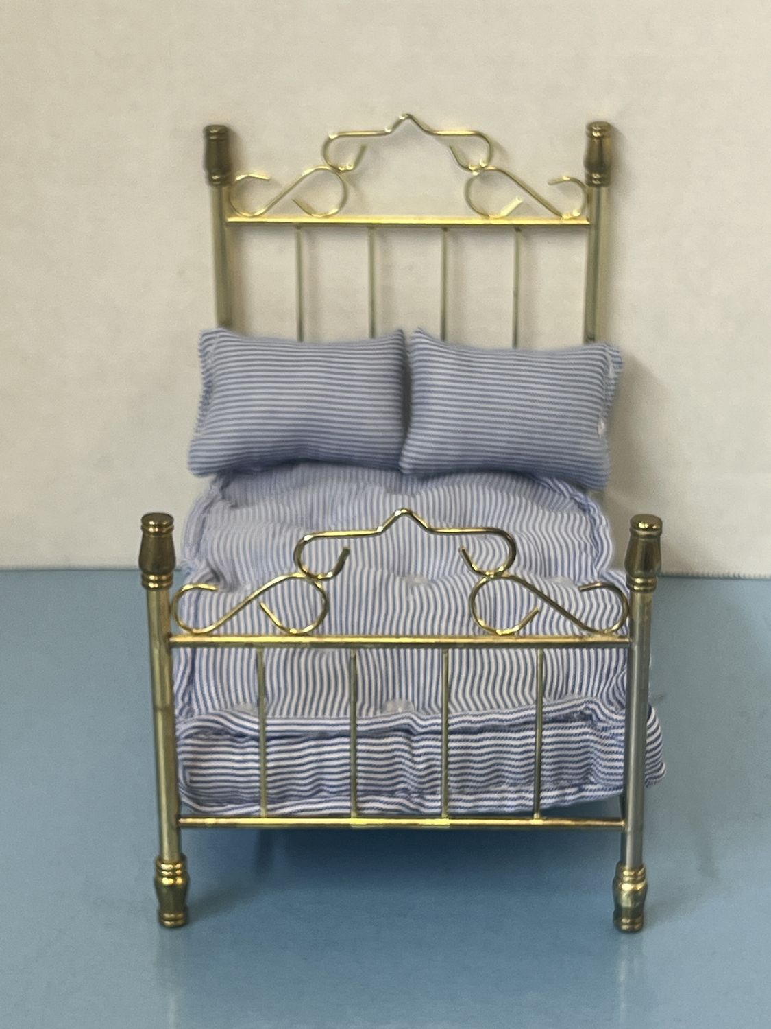 Brass Bed W/ Blue Tick Mattress