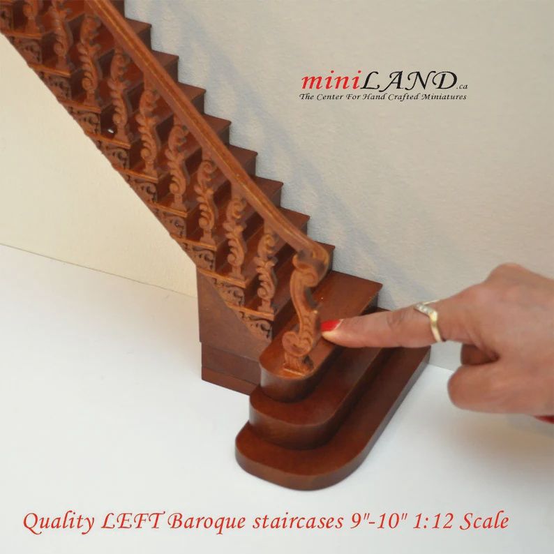Quality LEFT Baroque staircase 9"-10" 1:12 Scale Miniature Wooden dollhouse stair WN with railing