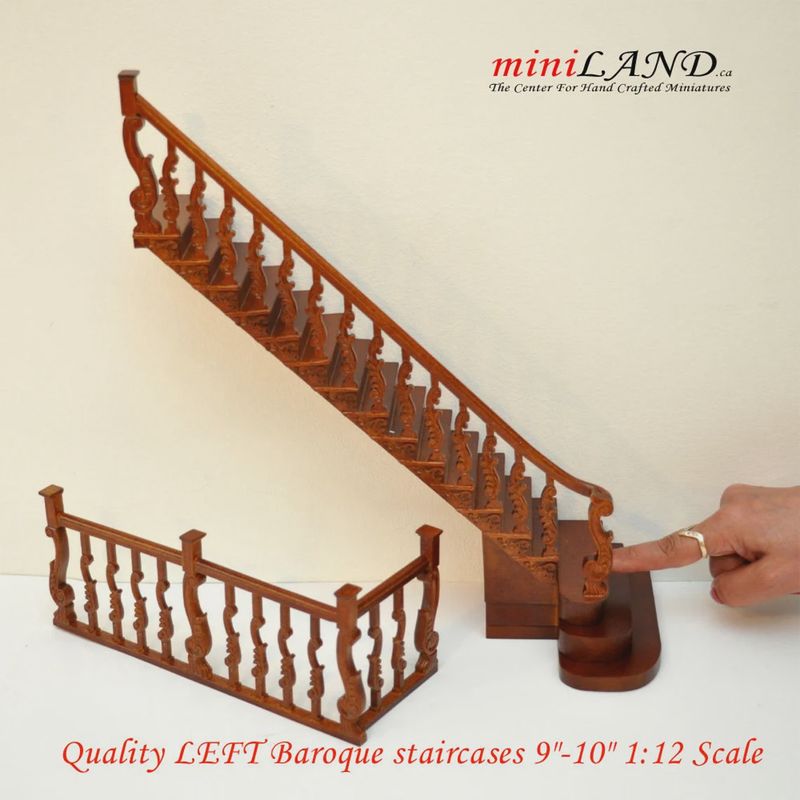 Quality LEFT Baroque staircase 9"-10" 1:12 Scale Miniature Wooden dollhouse stair WN with railing