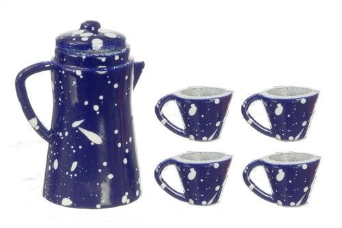 Blue Spatterware Pot and Cups