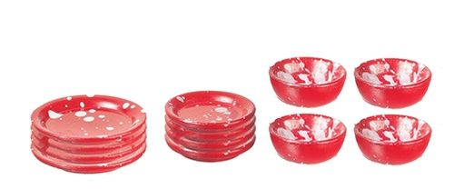 Red Spattered Dishes, 12 Pc