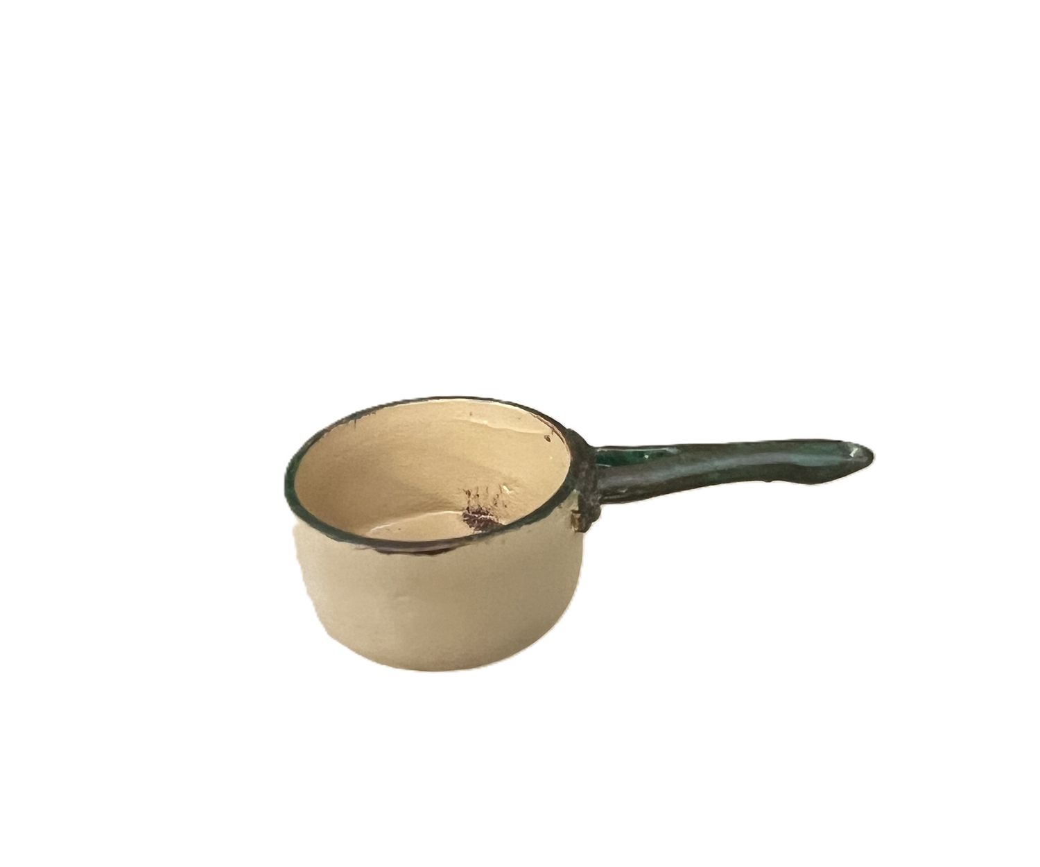 Beige pot with green antiqued handle