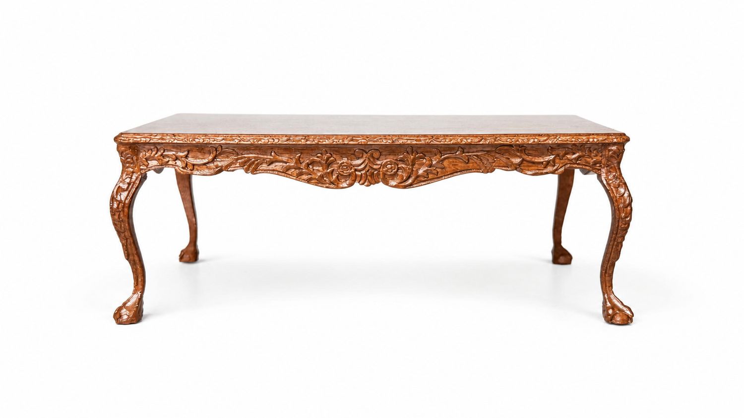 BES8152W Ornate Rectangular Carved Wood Coffee Table w/Rose Motif, Cabriole Legs &amp; Paw-Style Feet