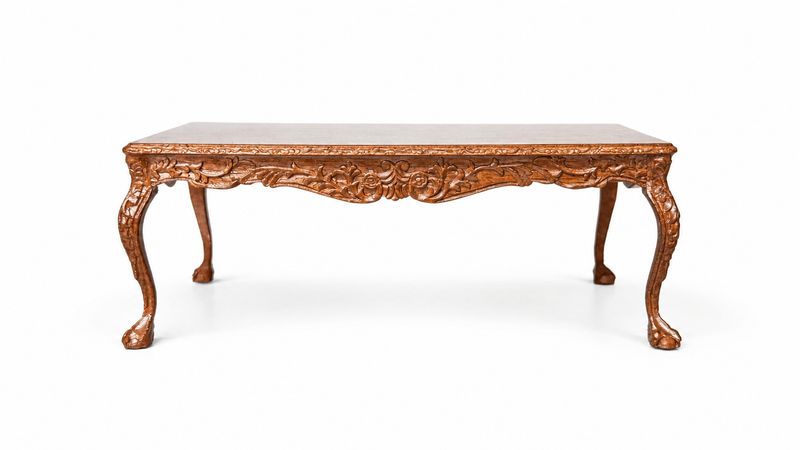 BES8152W Ornate Rectangular Carved Wood Coffee Table w/Rose Motif, Cabriole Legs &amp; Paw-Style Feet