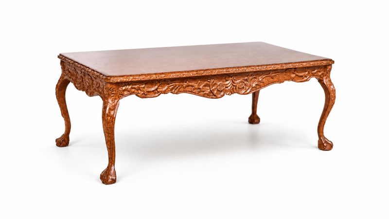 BES8152W Ornate Rectangular Carved Wood Coffee Table w/Rose Motif, Cabriole Legs &amp; Paw-Style Feet