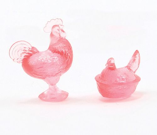 Rooster and Hen Figurines, Pink