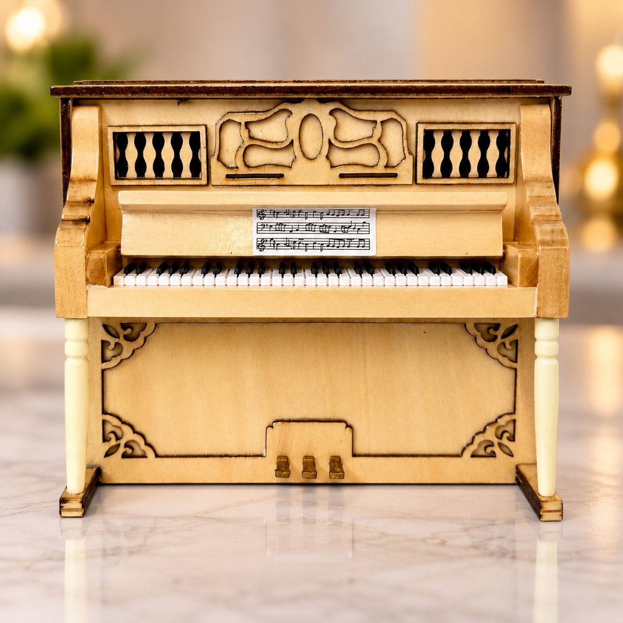 Miniature Light Wood Upright Piano – Ornate Cream &amp; Brown Finish