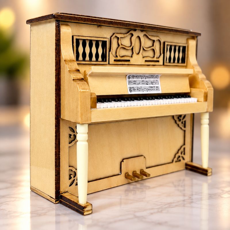 Miniature Light Wood Upright Piano – Ornate Cream &amp; Brown Finish