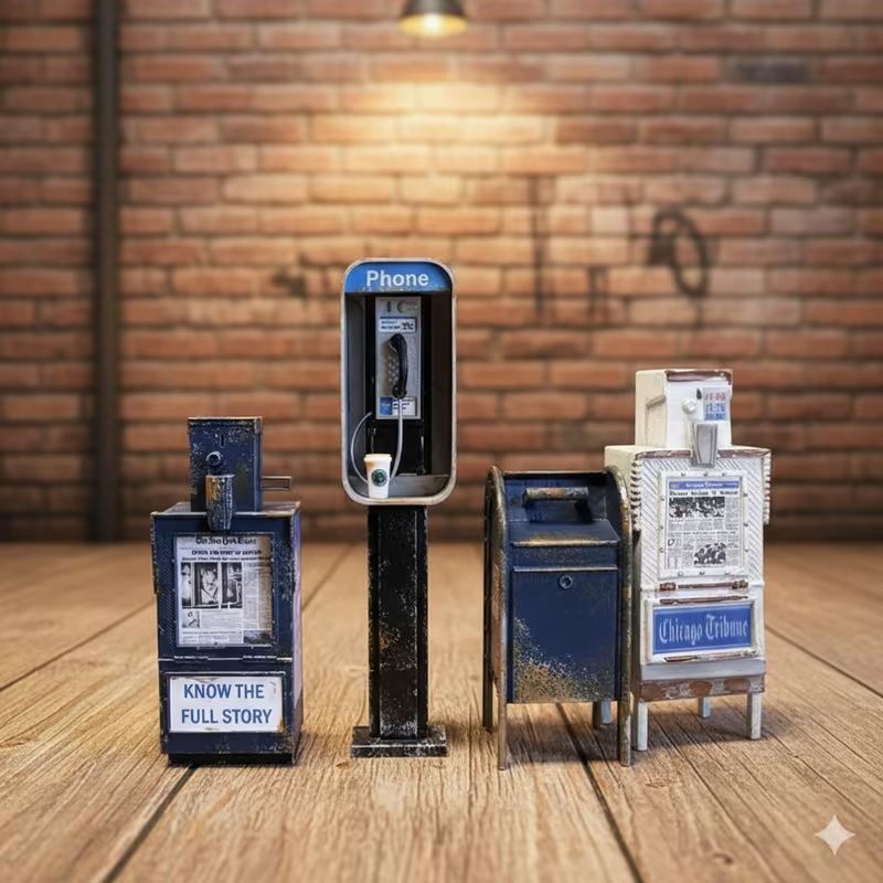 Set of four vintage machines, phone booth, paper machines, mail box