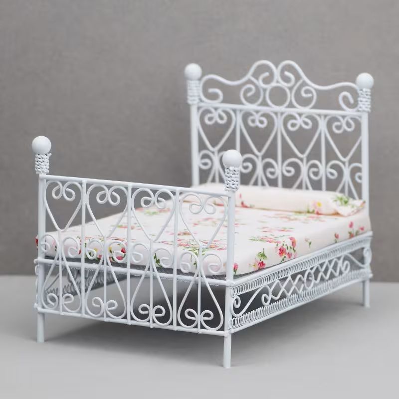 Elegant 1:12 Scale Miniature Iron Double Bed in Black with Ornate Metalwork
