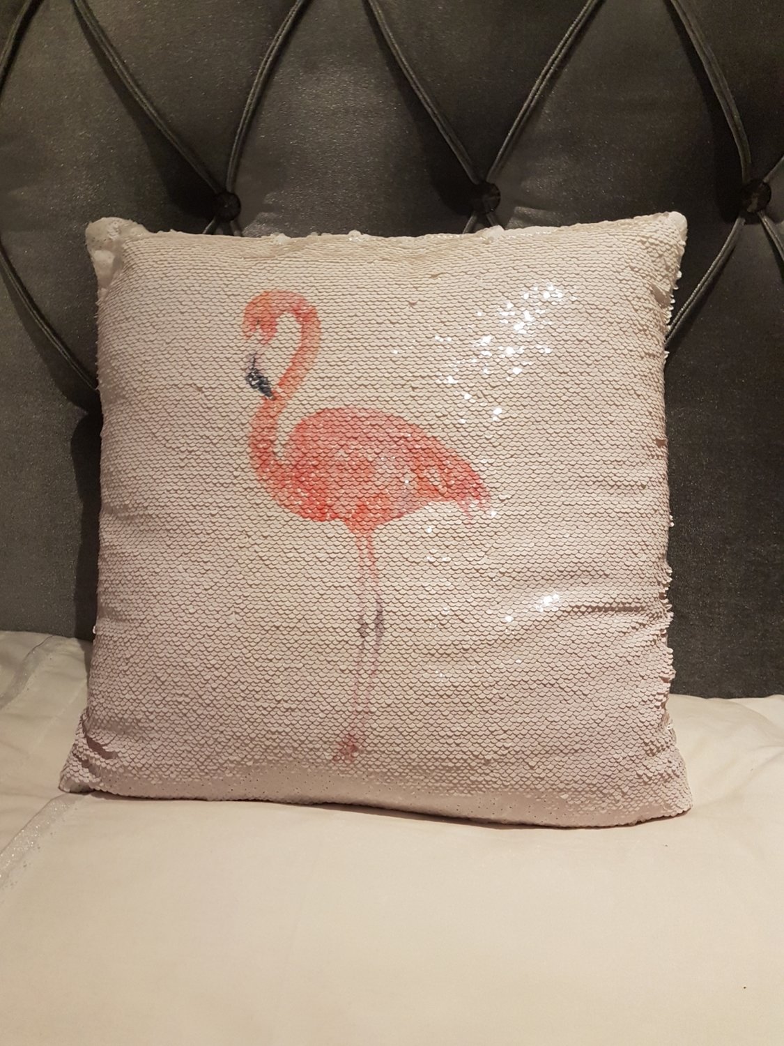 Flamingo sequin cushion