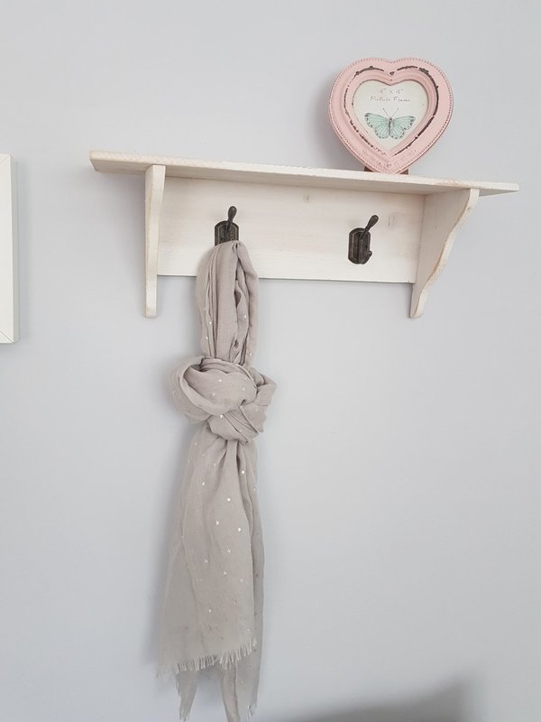 White rustic shelf with hooks