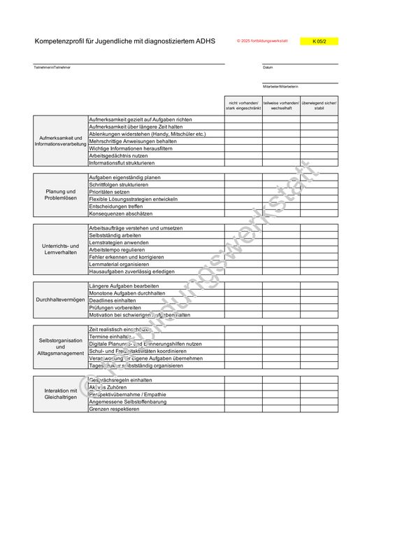 Kompetenzprofil für Jugendliche mit diagnostiziertem ADHS - Standard-Lizenz (Einzelnutzung) Kompetenzprofil für Jugendliche mit diagnostiziertem ADHS - Standard-Lizenz (Einzelnutzung)