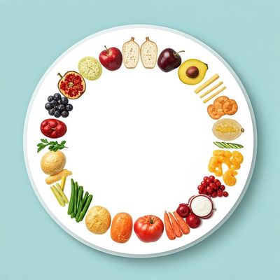 Frutta e verdura disposte in un cerchio su un piatto, rappresentando una dieta equilibrata per adolescenti con nutrizione ed esercizio fisico.