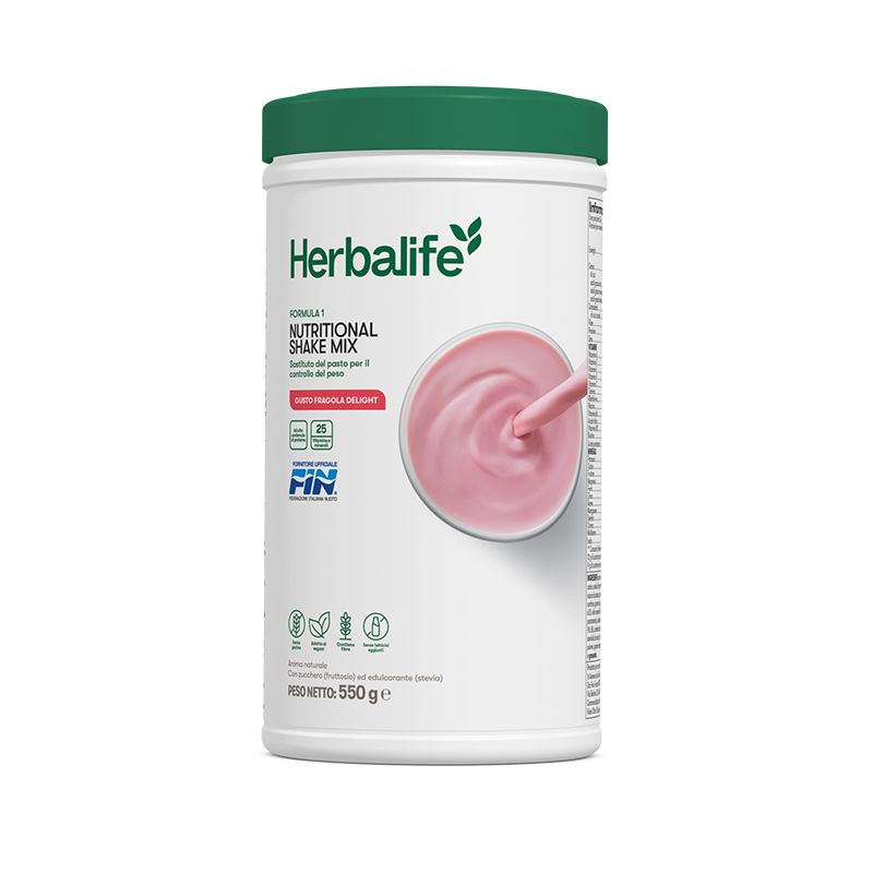 Herbalife Nutritional Shake Mix Fragola, Formula 1, gusto fragola, 550g, contenitore di plastica con coperchio verde.