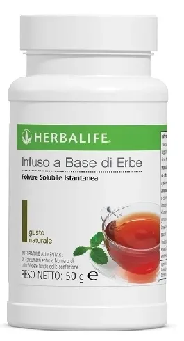Infuso a base di erbe Gusto Naturale 102g, Herbalife, confezione di tè alle erbe con etichetta verde e tazza di tè.