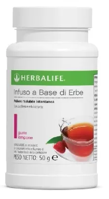 Infuso a base di erbe gusto Lampone 51 gr, Herbalife, confezione bianca con etichetta verde e rosa, con frutta e tè raffigurati.