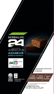 Barrette Proteiche H24 Achieve, gusto Dark Chocolate, 6 confezioni da 60 gr, prodotto vegetariano con 21 grammi di proteine.